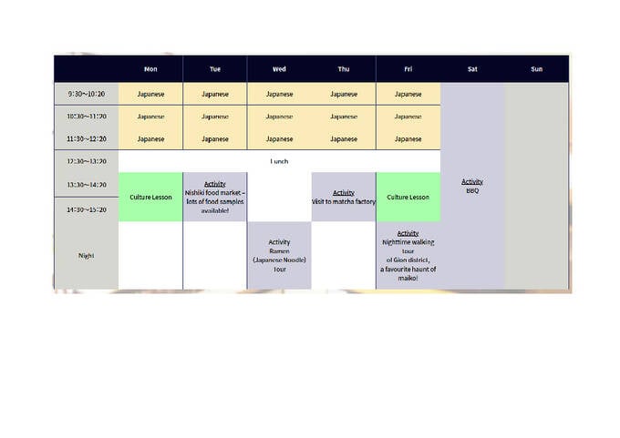 Example Schedule Standard + Culture Course - Kyoto JaLS Kyoto, Japan