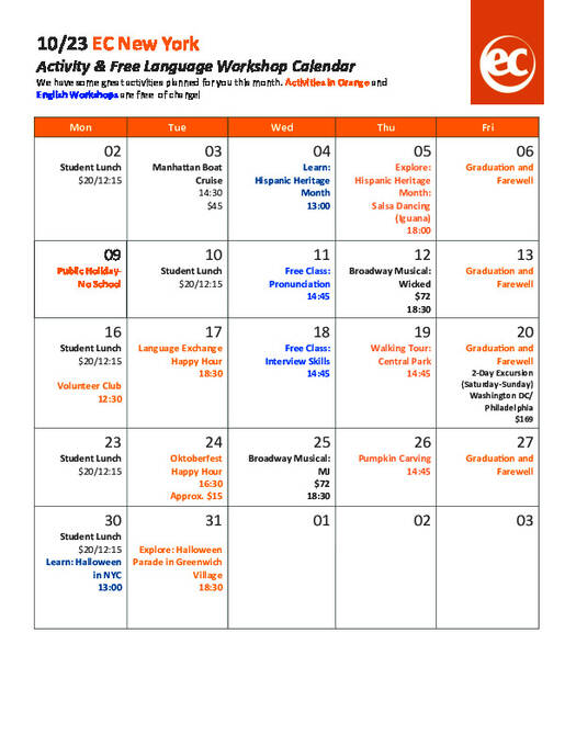 Adult Activity Calendar October 