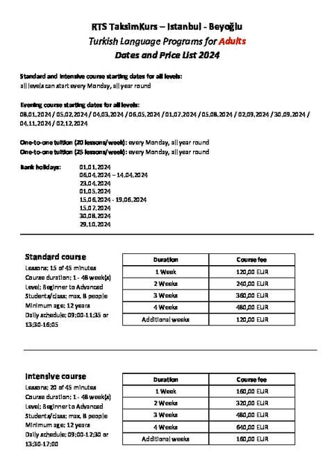 Pricelist  Royal Turkish Education Center Istanbul, Turkey