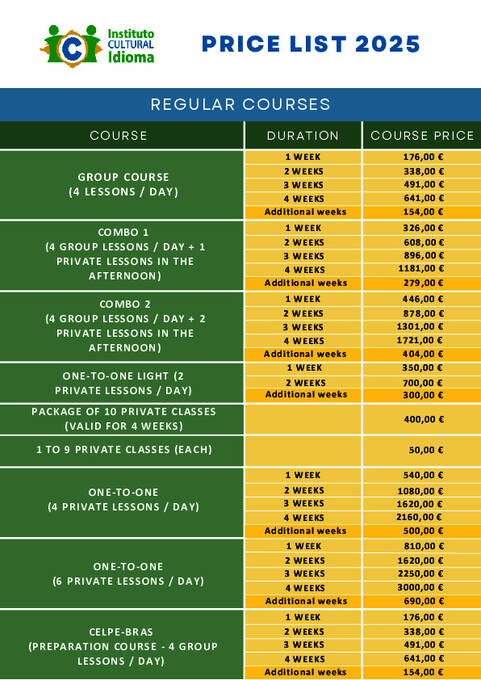 Instituto Cultural Idioma Pricelist 2025 