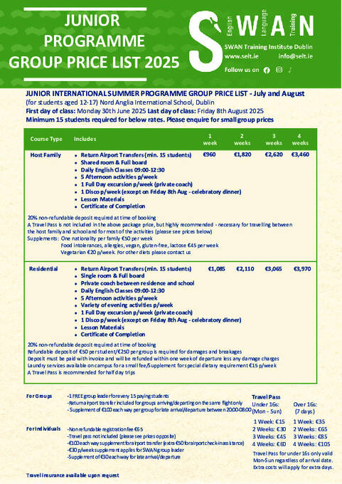 Swan Junior Summer Price List 2025