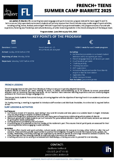 Programa de verano French & Teens 2025 de Les ateliers FL