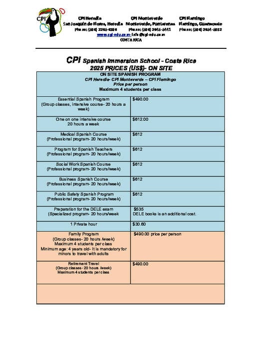 CPI Spanish Immersion School - Tarifs 2025