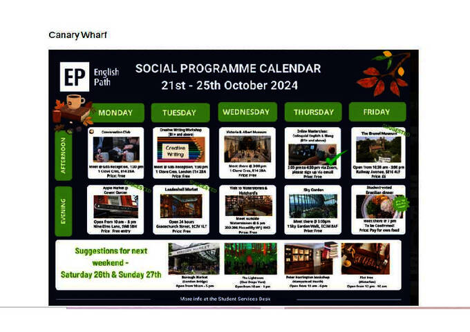 Amostra do programa de atividades