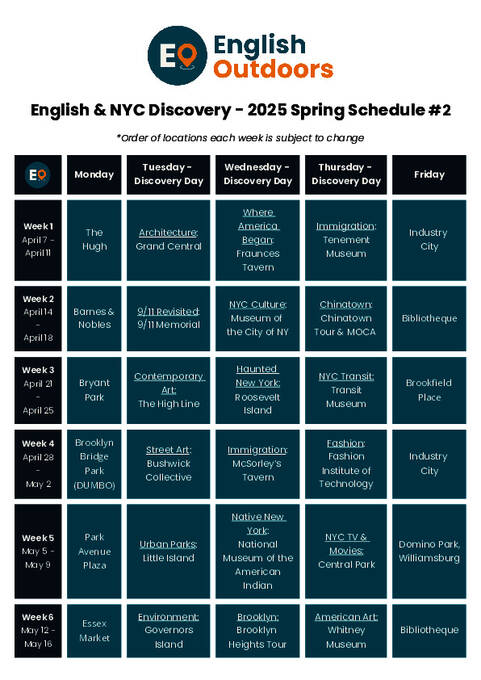 جدول الربيع لاكتشاف اللغة الإنجليزية ومدينة نيويورك إبريل/مايو 