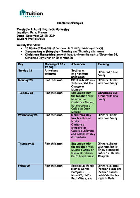 Eksempler på timeplan i julen