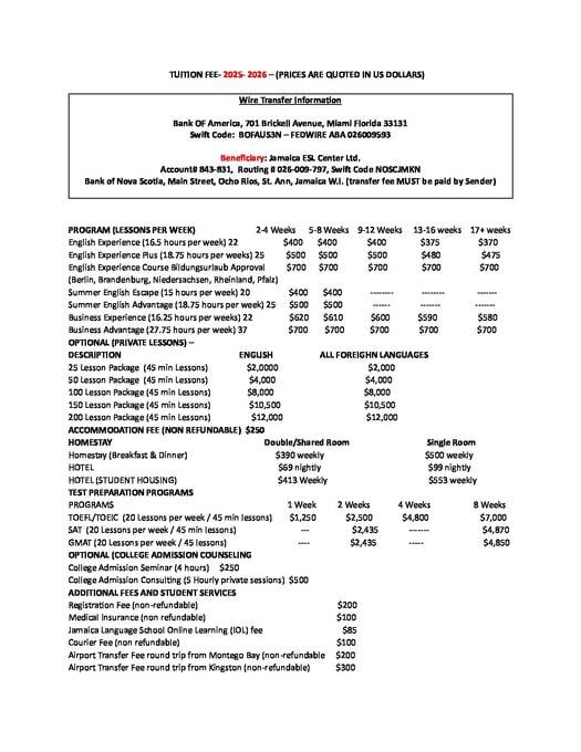 Tarifs 2025 de Jamaica Language School 
