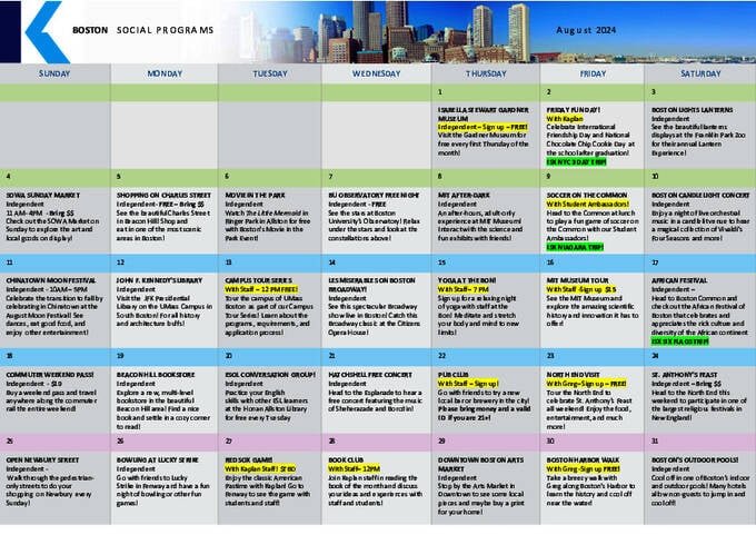 Amostra do calendário de atividades Boston