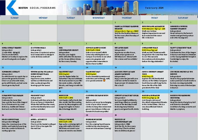 Amostra 2 do calendário de atividades Boston