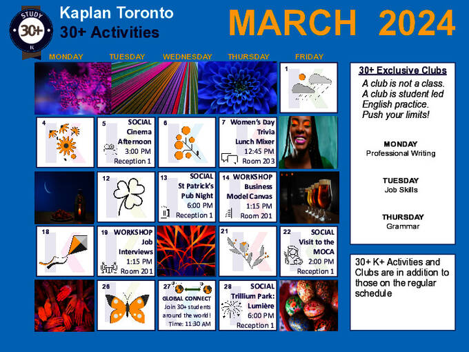 Amostra do calendário de atividades Toronto 30+