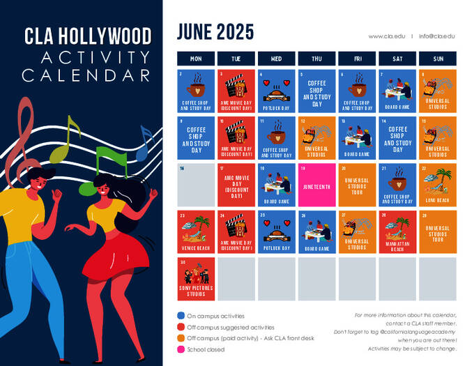 CLA Hollywood Campus, aktivitetskalender (exempel)