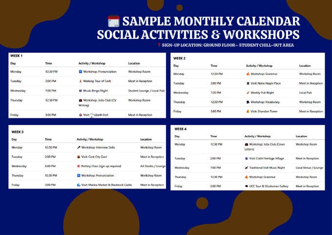 Eksempel på månedlig kalender Sociale aktiviteter og workshops