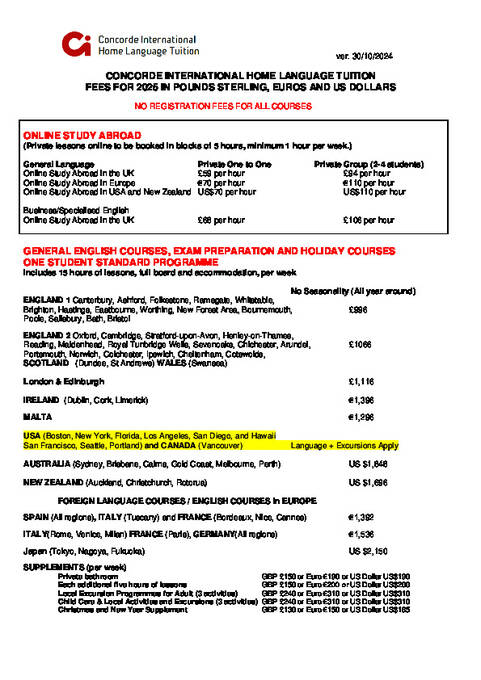 Preços  - Concorde International Home Language Tuition