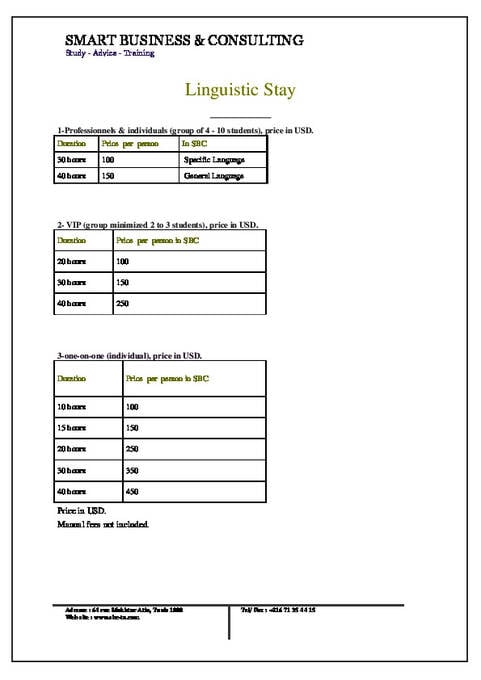 SBC School of Language Pricelist