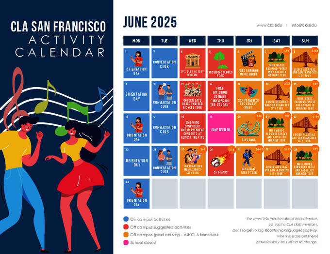 Calendário de atividades de junho de  em São Francisco - amostra
