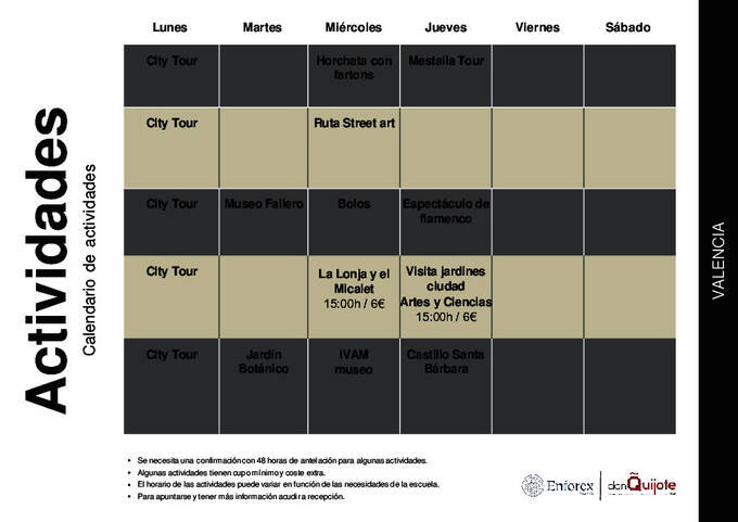 Amostra do calendário de atividades