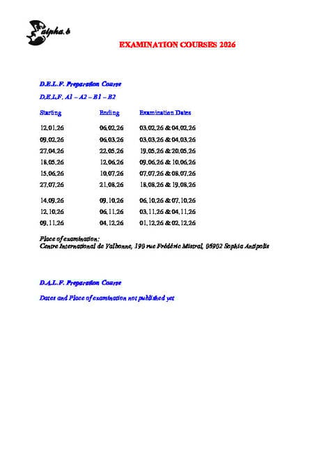 Examinaton Course Starting Dates 2026