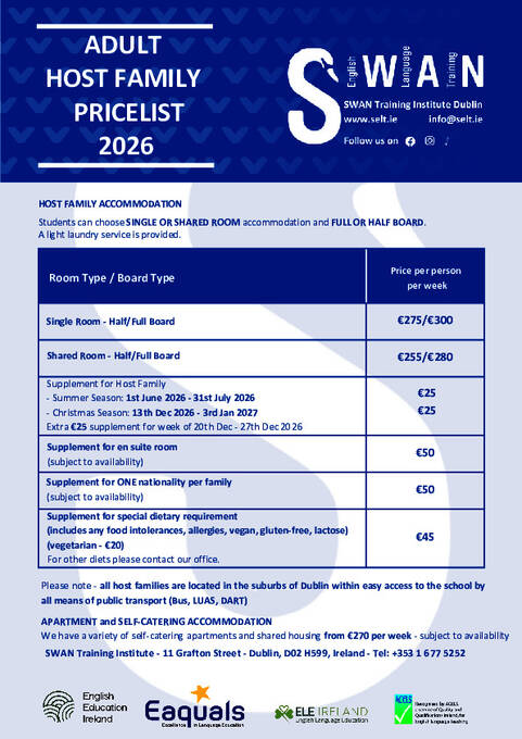 Voksen homestay priser 2026
