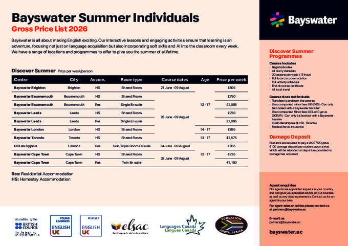 Bayswater 2026 Прайс-лист для подростков