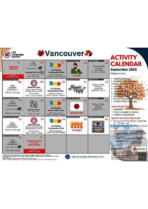 Calendário de atividades de setembro de 