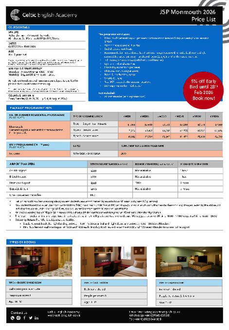 Programa de Verão Júnior em Monmouth - Lista de Preços 2026