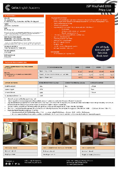 Programa de Verão para Jovens em Mayfield, Sussex (Inglaterra) - 2026 - Lista de Preços