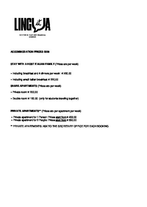 Lingua IT学校2026年的住宿价格