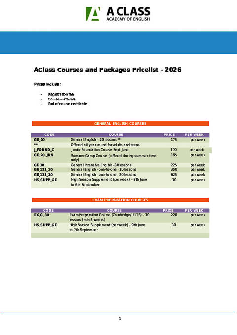 Lista de preços do curso 2026