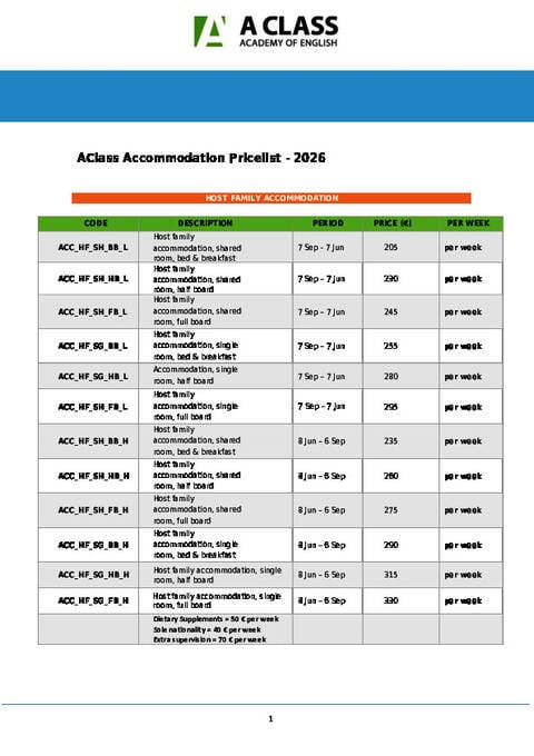 Lista de preços de acomodações 2026