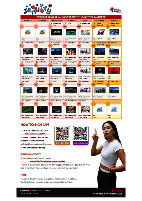 VanWest Colleges kalendere over sociale aktiviteter fra april til november 