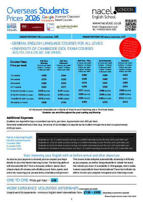أسعار Nacel English School 2026