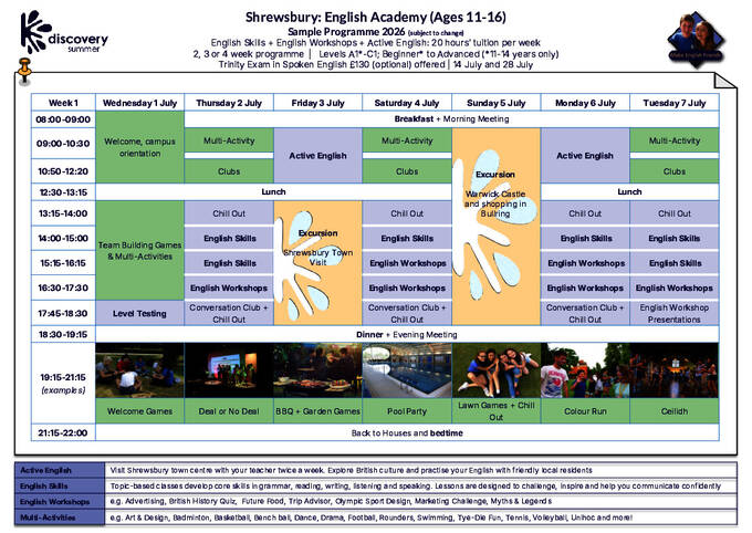 Shrewsbury English Academy Eksempel på skema 2026