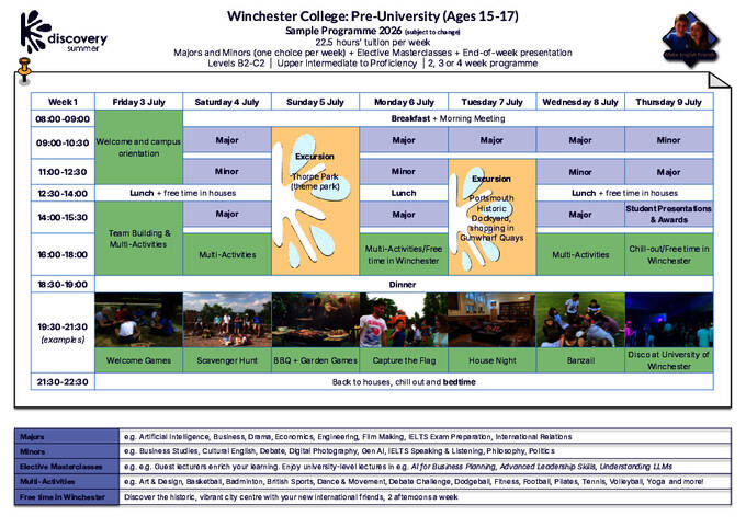 2026년 윈체스터 예비 대학 샘플 시간표 