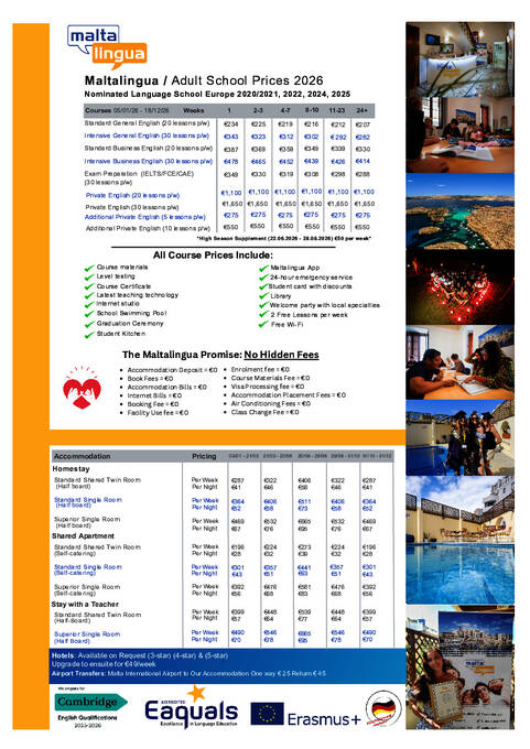 Preços para adultos em 2026