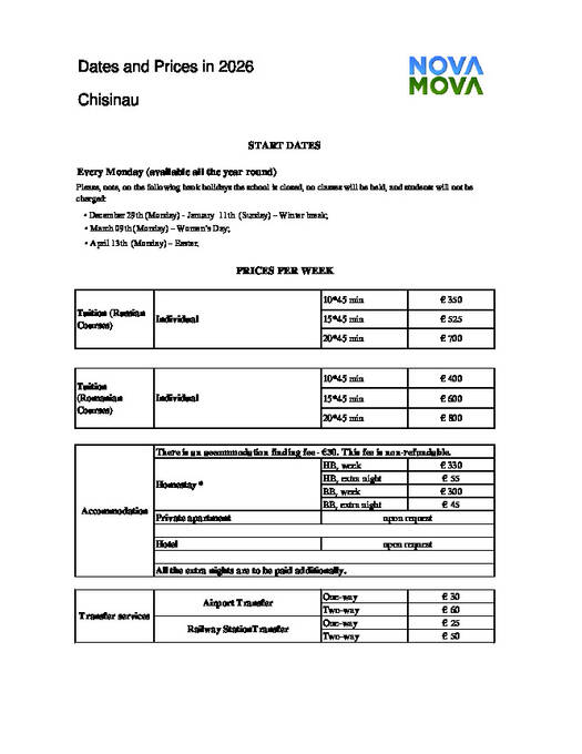 NovaMova 基希讷乌分校 2026 年课程日期和价目表