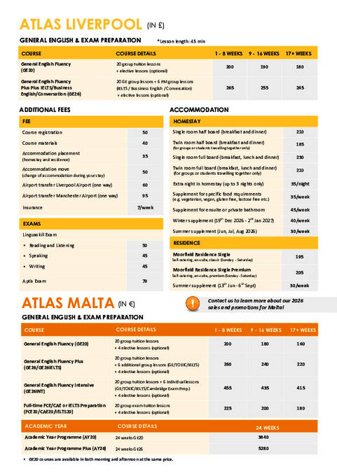 Atlas Language School Preços 2026 