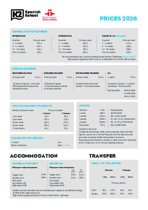 K2 INTERNACIONAL Prisliste 2026