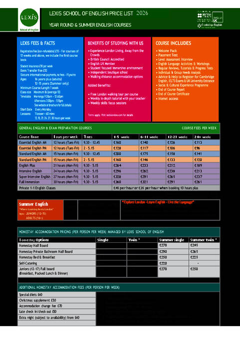 Lexis School of English prisliste 2026