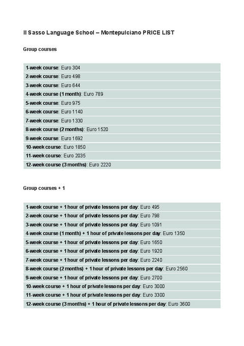 il Sasso 2026 Árlista