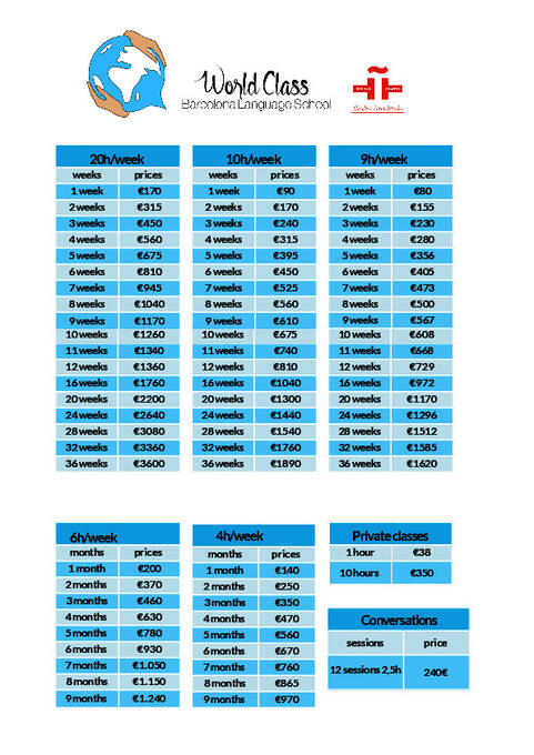 World Class BCN Spaanse school 2026 Prijslijst