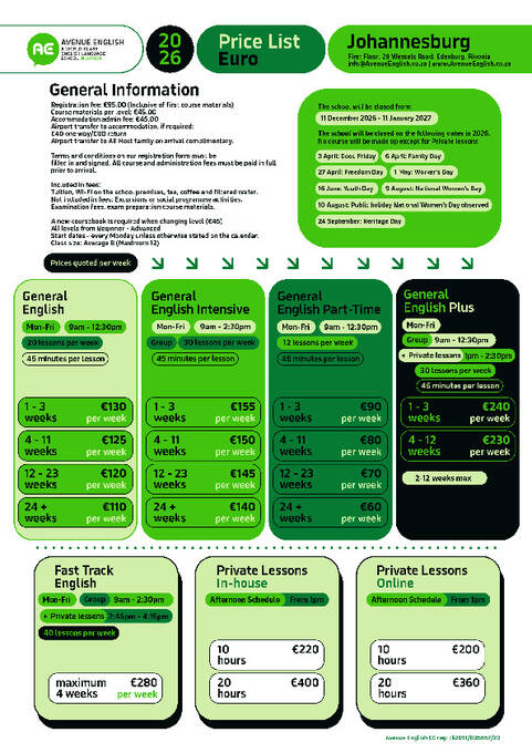 2026 애비뉴 잉글리시 요하네스버그 가격 