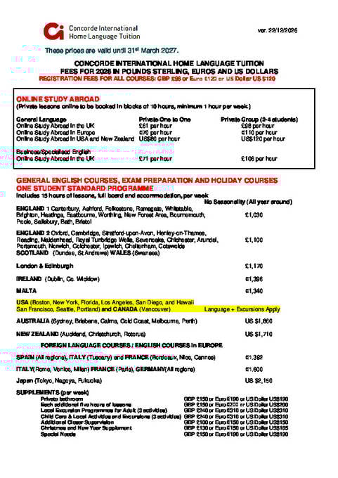 Concorde Internaltional Hjemmeside Språkundervisning Priser 2026