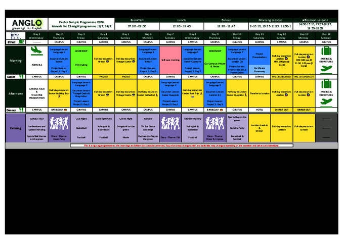 盎格鲁埃克塞特时间表（样本）