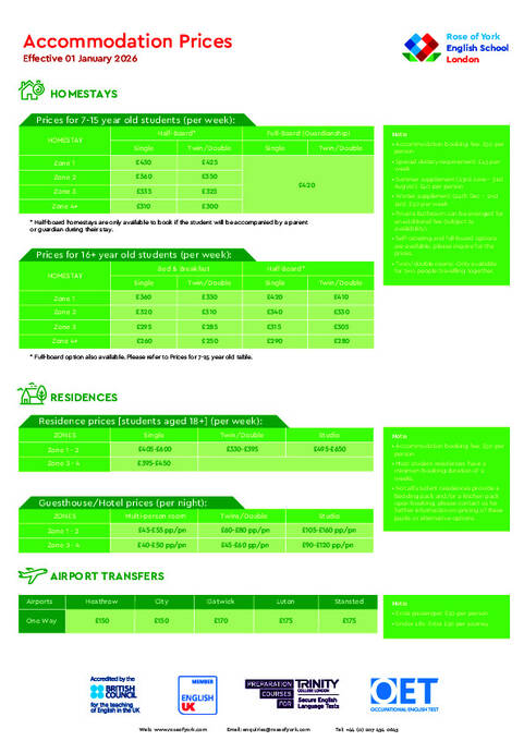 2026 Accommodation Price List