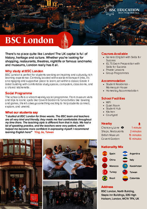 Folheto de informações BSC Education Londres