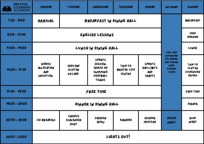 브리스톨 2주 샘플 시간표