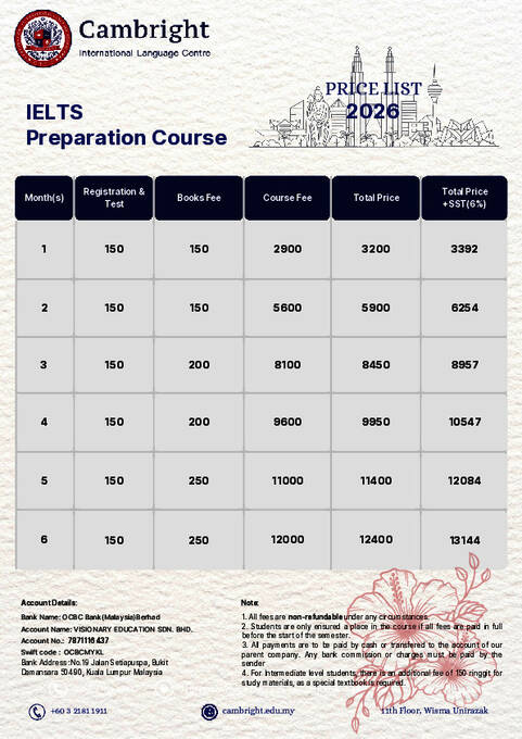 Lista de precios del curso de preparación para el IELTS de Cambright