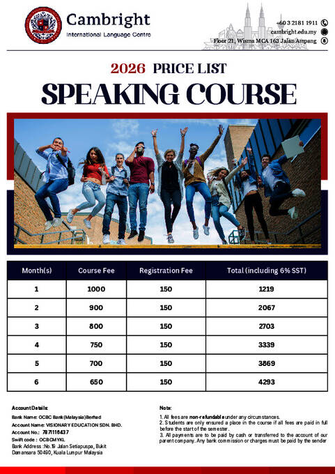Lista de precios del curso de inglés