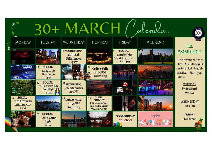 Amostra do calendário de atividades Toronto 30+