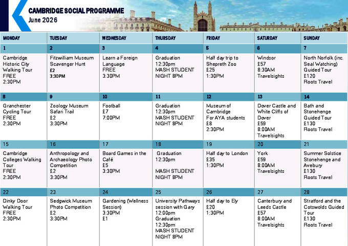Exemplo de programa de atividades em Cambridge